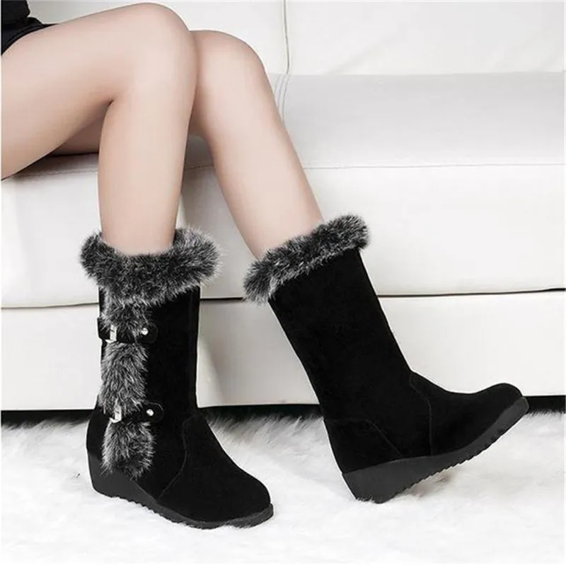 New Winter Women Boots Casual Warm Fur Mid-Calf Boots shoes Women Slip-On Round Toe wedges Snow Boots shoes Muje Plus size 42