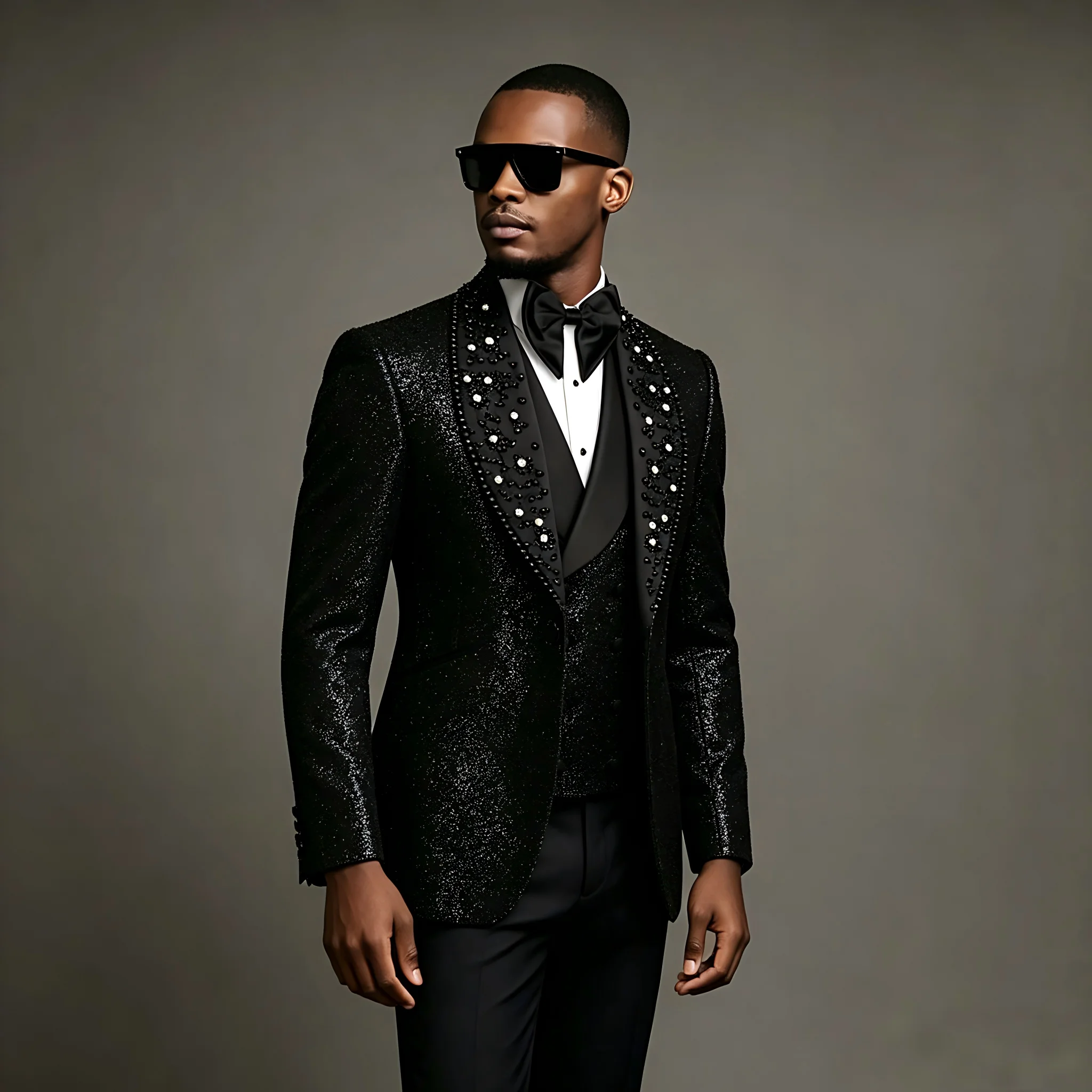 Shiny Black Men Suits 3 Pieces Business Blazer Vest Pants Beads Wedding Groom Prom Wear Party Formal Customized