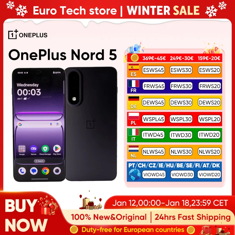 Nuovo smartphone OnePlus Nord 5 5G Snapdragon ™   8s Gen 3 Display AMOLED da 6,83 144 Hz 5200 mAh 80 W SUPERVOOC 50 MP Doppia fotocamera