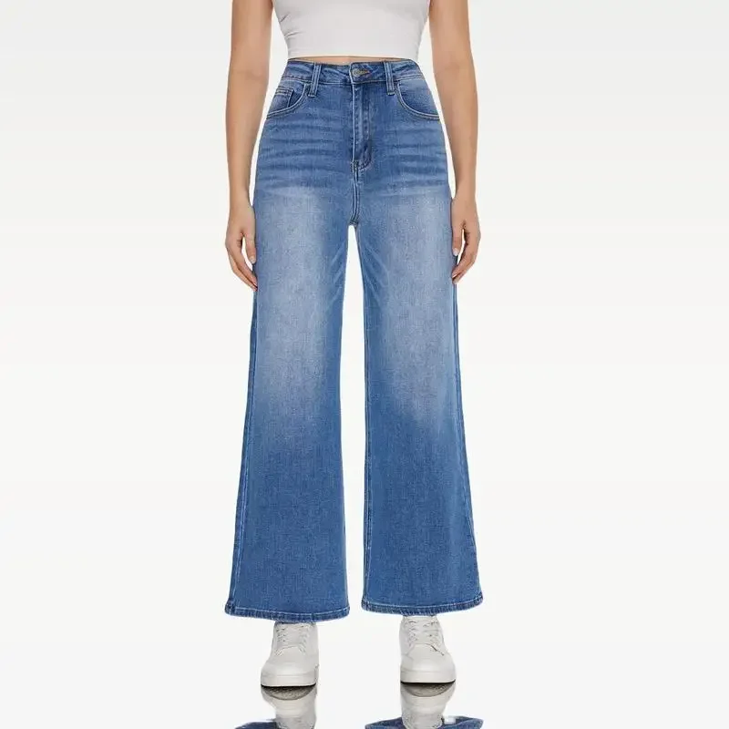 

Women Wide Leg High-waisted Stretchy Jeans Buckle Baggy Pants Medium Blue Fashion Casual Women's Straight Jeans Trousers