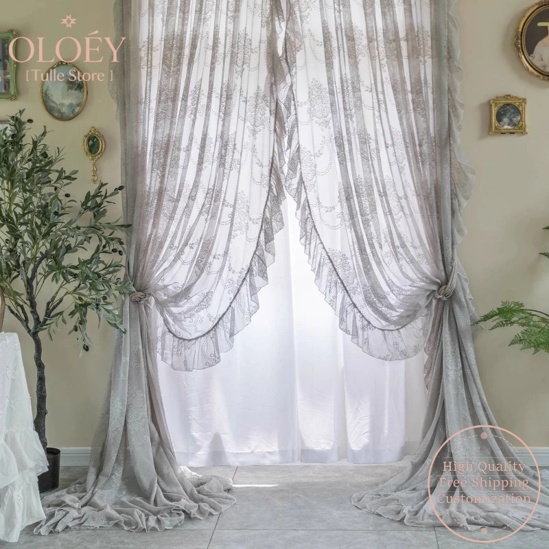 

French Vintage Gray Rococo Lace Curtains for European Living Room Princess Style Sheer Bay Window Door Partition Drapes Gauze