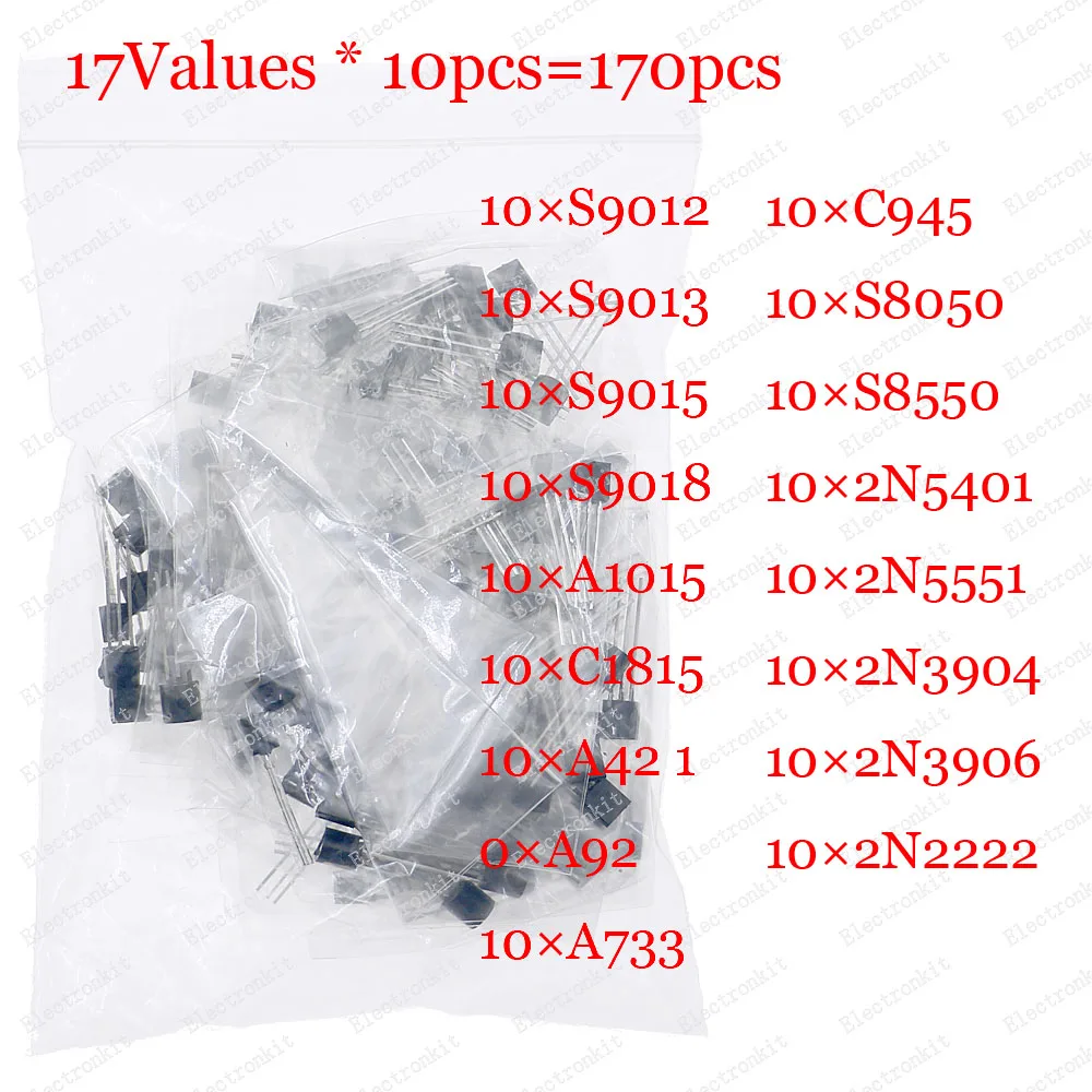 170pcs/lot 17value Transistor Kit pack TO-92 S9013 S9014 S9015 S9018 S8050 S8550 2N5551 2N5401 3904 3906 A1015 C1815 A42 A92