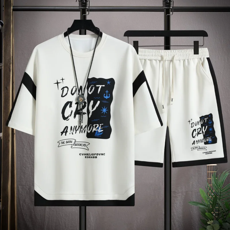 Heavy casual sports suit boys summer fashion two-piece T-shirt shorts set with trend clothes