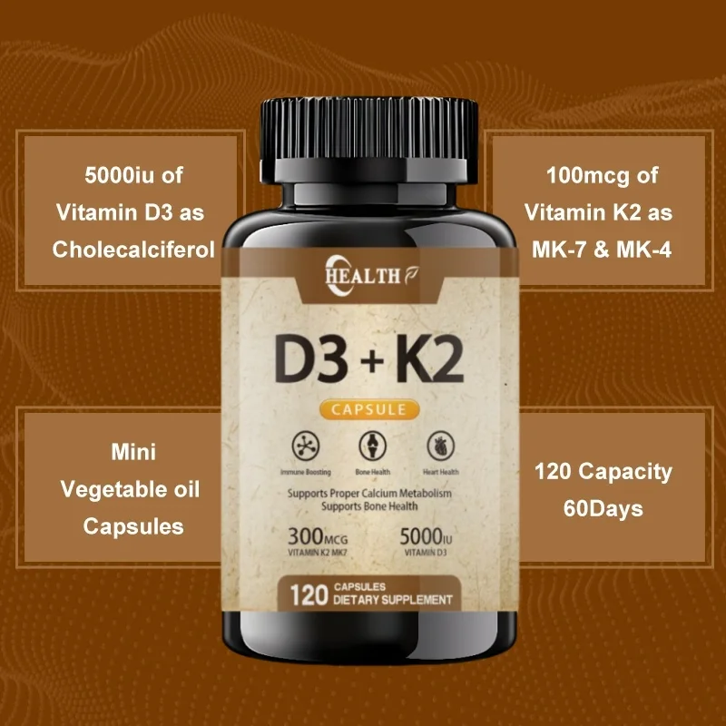 Shengsu K2 (mk7) (100mcg)+vitamin D3 (5000 Iu) 120 Capsules - Gluten Free And Non Gmo