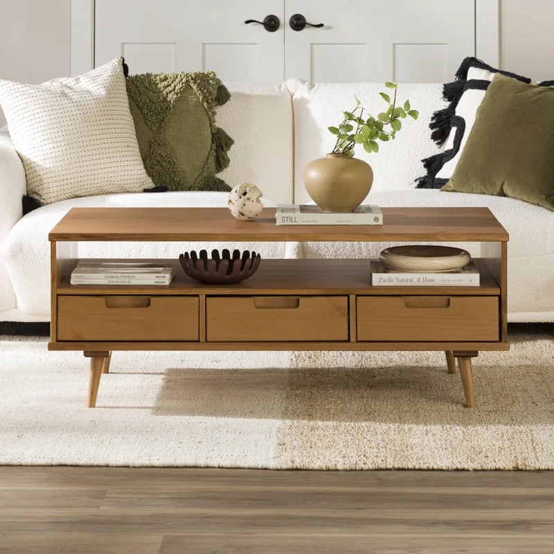 Mid-Century Modern 3-Drawer Wood Coffee Table with Open Cubby for Living Room Center Table
