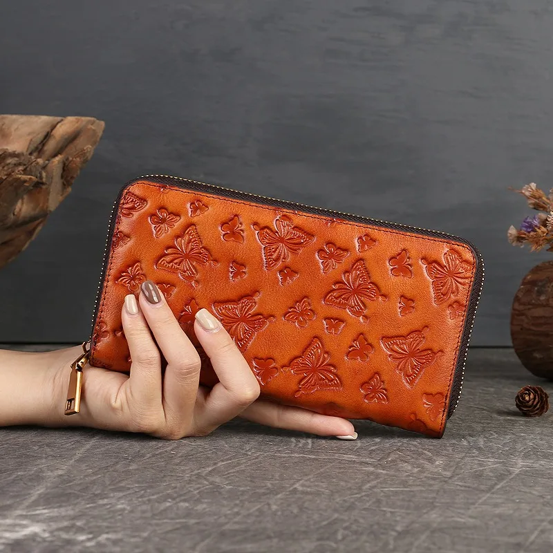 Retro Genuine Leather Wallet Butterfly Embossing Women Long Zipper Money Clip Portable Clutch Bag Large Card Holder Phone Pouch