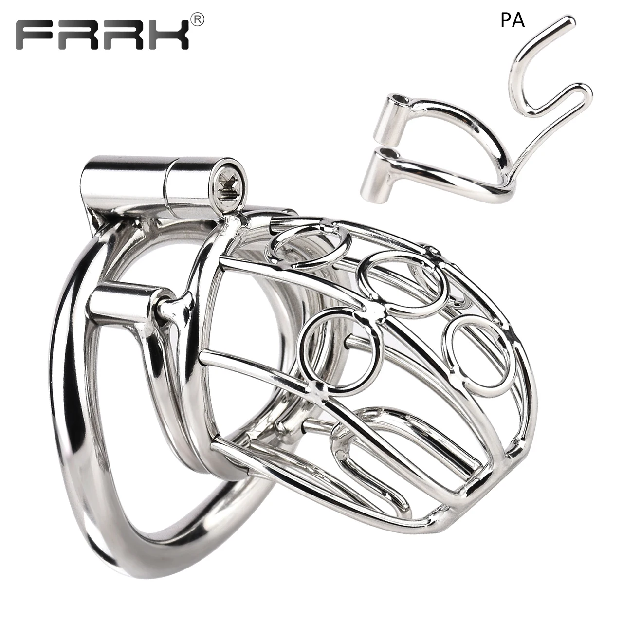 FRRK Metal P.A Chastity Cage with Prince Albert Piercing Device for Men with PA Hole on Penis Steel Penetration Adult Sex Toys