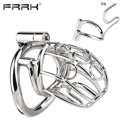 FRRK Metal P.A Chastity Cage with Prince Albert Piercing Device for Men with PA Hole on Penis Steel Penetration Adult Sex Toys