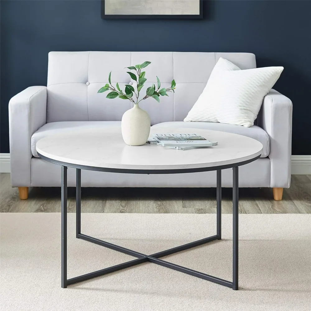 Modern circular artificial marble countertop coffee table with X-base, 36 inches, marble and black