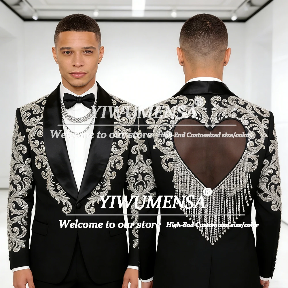 

Metallic Rhinestones Beaded Suits Men Unique Design Cut-Out Back Single Breasted Prom Blazers Customized 2 Piece Ropa Hombre
