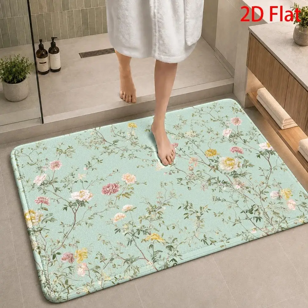 Floral Bath Mat Rug Bathroom Decor Mint Green Cottage Style Waterproof Non Slip Luxury Mat for Master Bathroom Area Decor