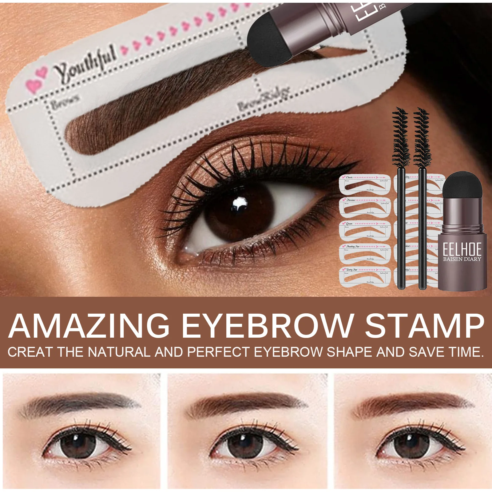 EELHOE Eyebrow Stencil Kit One Step Brow Stamp Shaping Kit Magic Brow Stencil กันน้ํายาวนานธรรมชาติสีแต่งหน้าเครื่องมือ