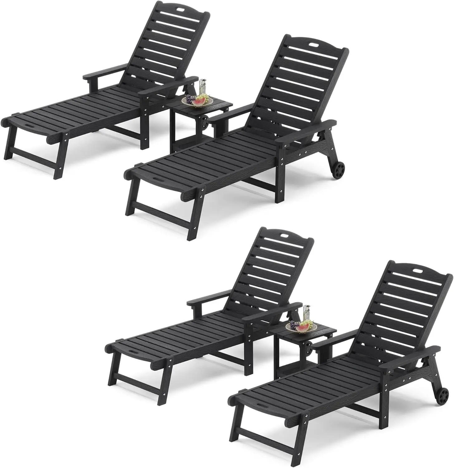 Deck Chair with Table 6 Pieces HDPS Material Deck Chair with Adjustable Back Resin Pool Deck Chair with Wheels Outside Black