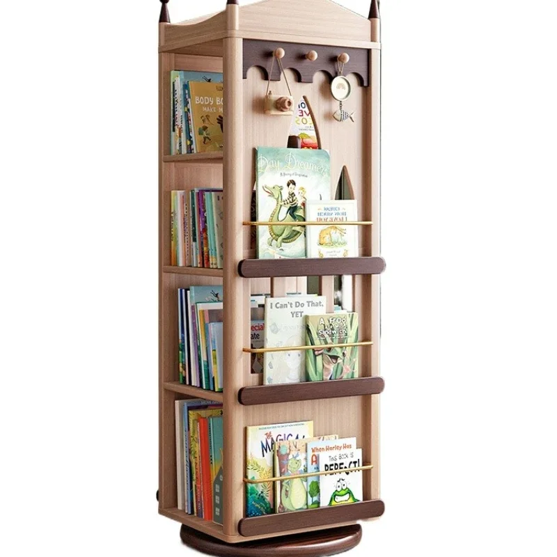 Castle rotating bookshelf 360-degree solid wood floor-to-ceiling picture book display rack storage locker