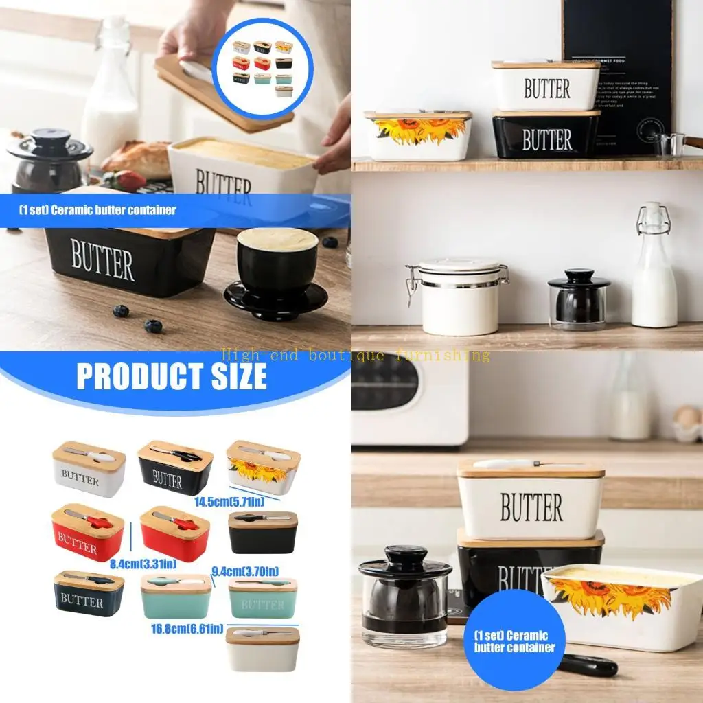 L9NB Practical Ceramic Cheese Container Box Restaurant Butter Storage Box with Cutter