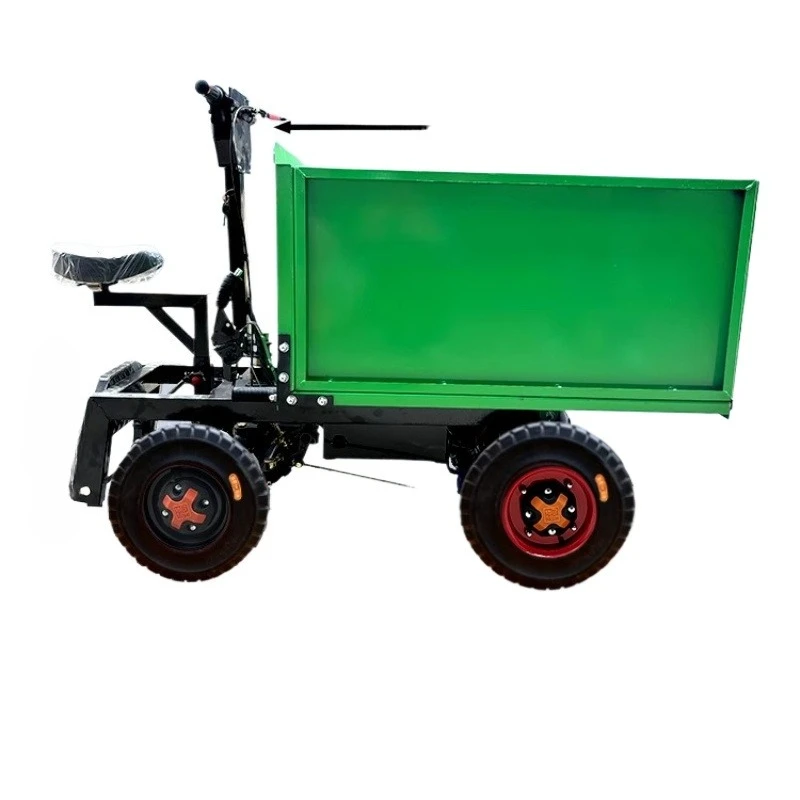 

Electric four-wheeled gray bucket truck hand push station sit on the dump construction site brick mortar farm pull dung dump
