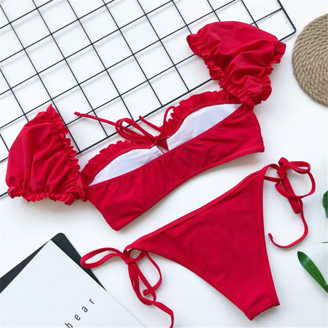 Kurzärmeliger, brasilianischer, plissierter, geraffter Bikini-Badeanzug für Damen, zweiteiliger Bikini-Set, Badebekleidung, Badeanzug, Schwimmanzug V1729 – Detail 32