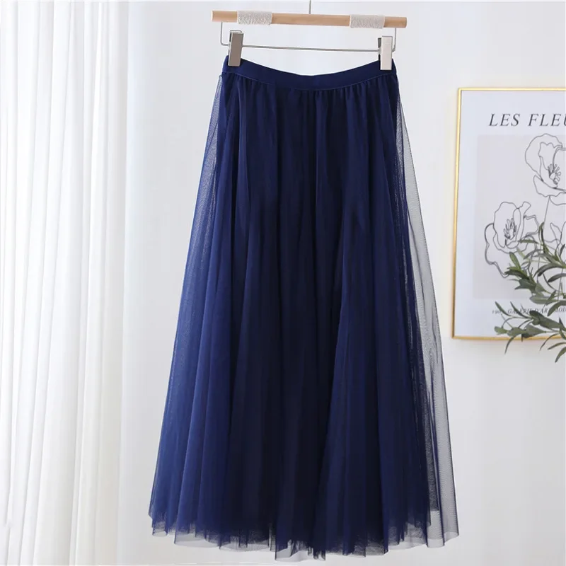 Hot Women Mesh Elastic Tutu Skirt Beach Spring Summer Korean High Waist Fashion Pleated Long Skirt Black White Tulle Skirts