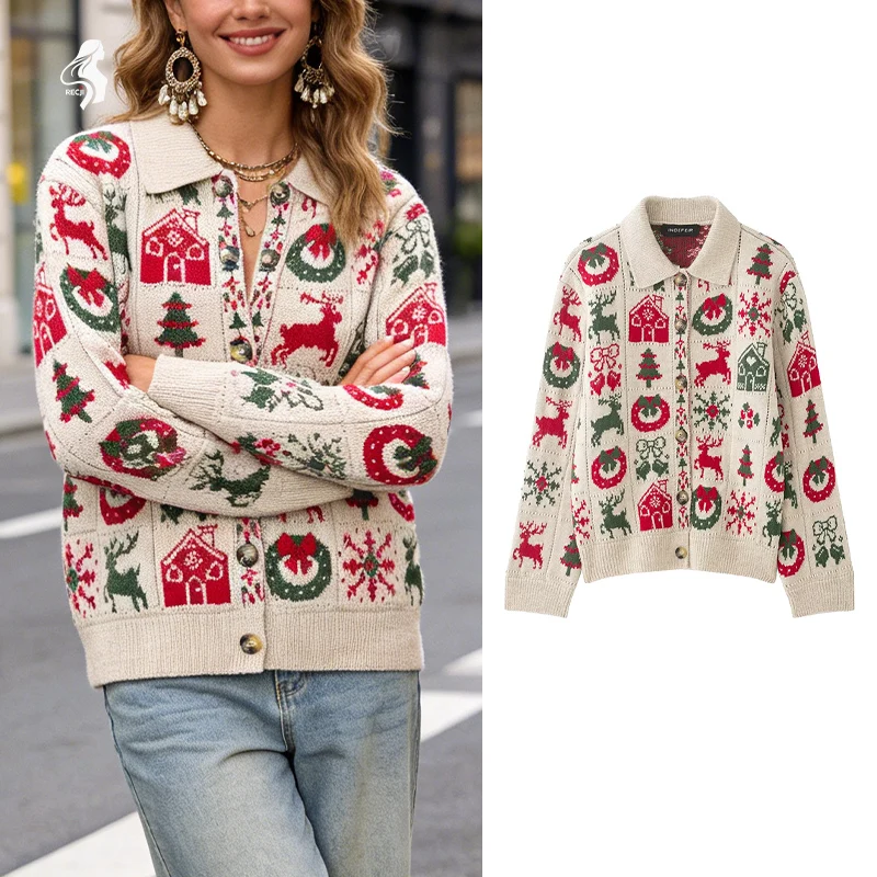 Cardigan vintage com padrão de Natal para mulheres, jaqueta de malha com árvore de rena fofa, casaco casual com gola com botões