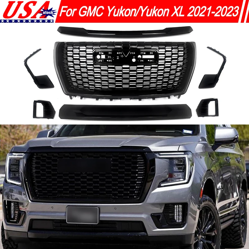 SAIQINGSP Front Bumper Grille Trim Molding Set Gloss Black Fit 2021-2024 GMC Yukon Denali