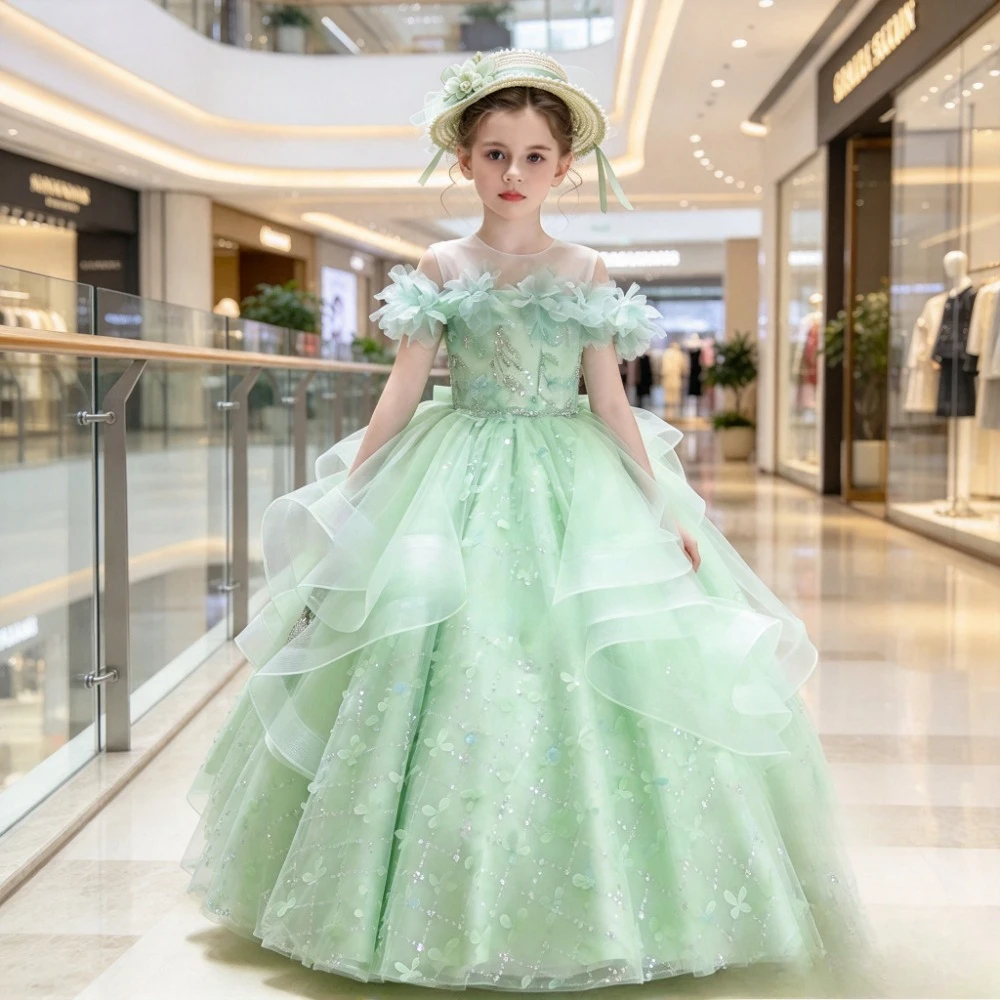 Kids Formal New Green Off Shoulder Fashion Tulle Piano Performance Costume Flower Girl Children Princess Gown Birthday Party