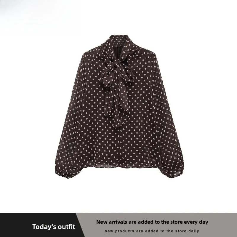 

Модная женская рубашка в горошек с узлом, в стиле ZR, уличная мода, свободный крой, полиэстер, длинный рукав