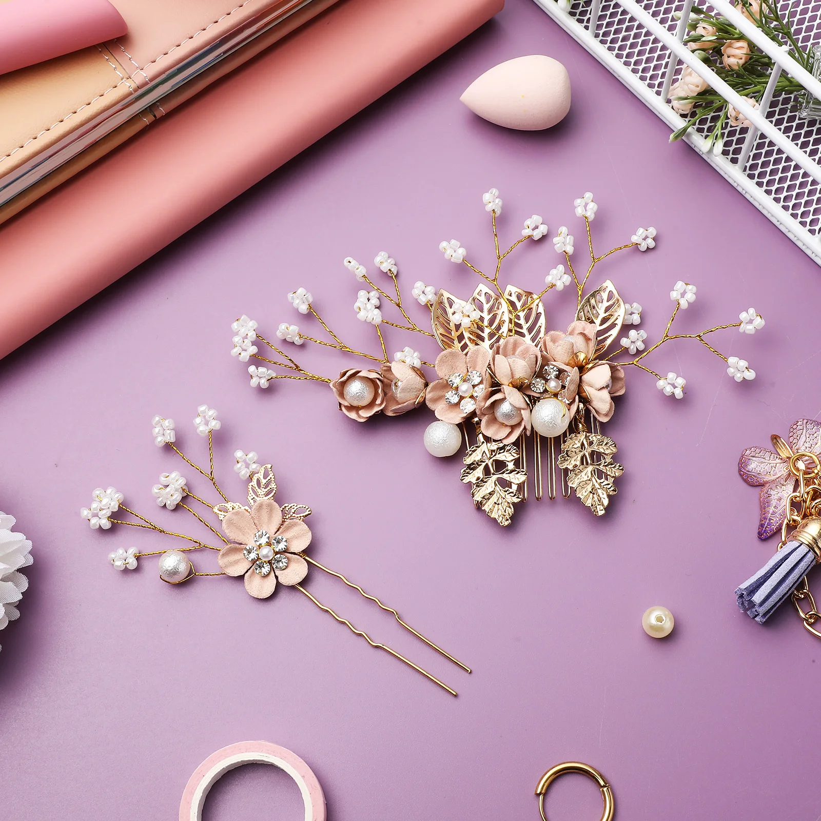 1 مجموعة دبابيس الشعر الزفاف الأزهار حجر الراين الجانب أمشاط الزفاف أغطية الرأس النساء اللؤلؤ اكسسوارات الديكور زهرة أمشاط الشعر الجانبية