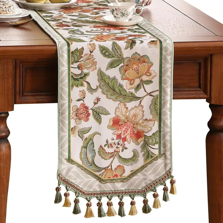 

Дизайнерская элегантная французская бархатная дорожка на стол с цветочным узором, свежий зеленый цвет с оранжевыми цветами, декоративная подкладка для кухонного стола