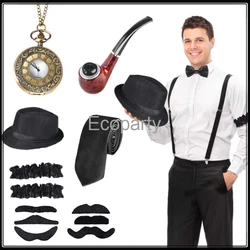 New 1920s Mens Great Gatsby Cosplay Costume Suit 8pcs Men Gangster Party Props Hat Cigar Suspender Pocket Watch Accessories Set