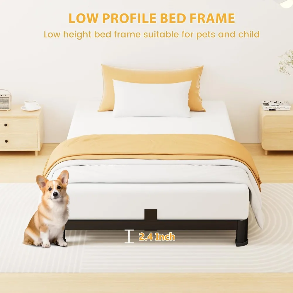 Cadre de lit double de 4 pouces à profil bas, cadre de lit à plate-forme en métal robuste avec pieds d'angle ronds, base de matelas robuste, sans Bo