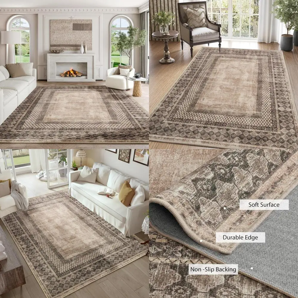 Elegant 8x10 Rustic Brown Area Rug, Machine Washable, Non-Slip for Living Room, Vintage Style Bedroom Rug