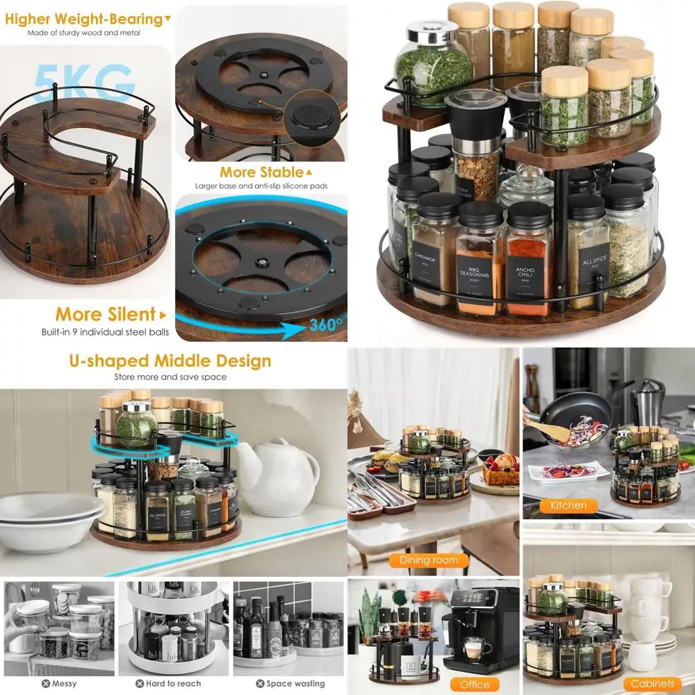 Adjustable 2-Tier Wooden Lazy Susan Spice Rack, 12 Rotating Organizer for Kitchen, Cabinet, and Dining Table Storage
