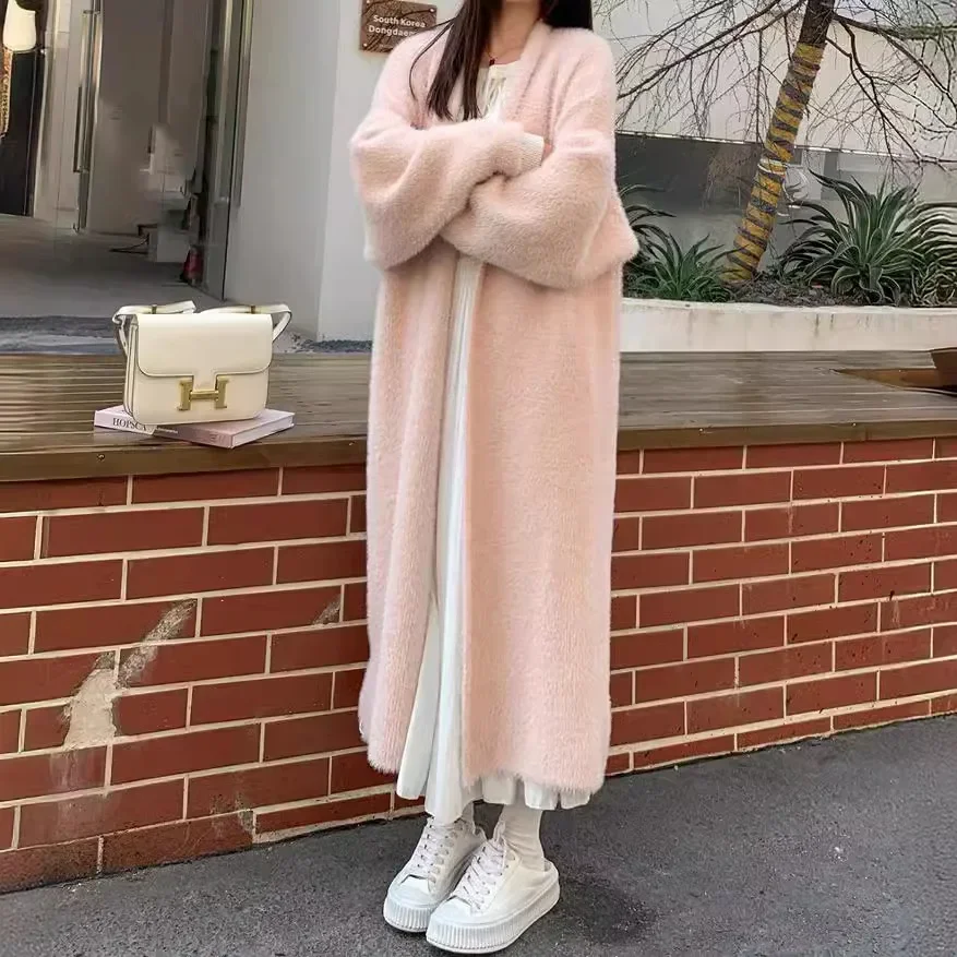 

Women Fashionable Loose Cardigan Sweater Coat Winter Faux Mink Fur Knitted Long Velvet Trench 1000g Thicken Warm Street Knitwear