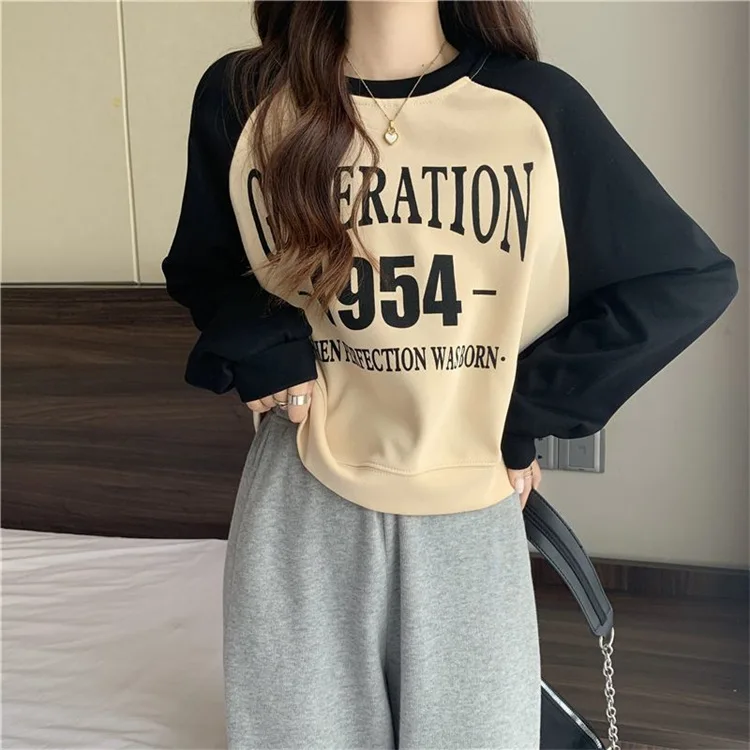 

Contrast paneled cropped sweatshirt spring autumn 2023 new pure cotton vintage letter print babes long sleeve top