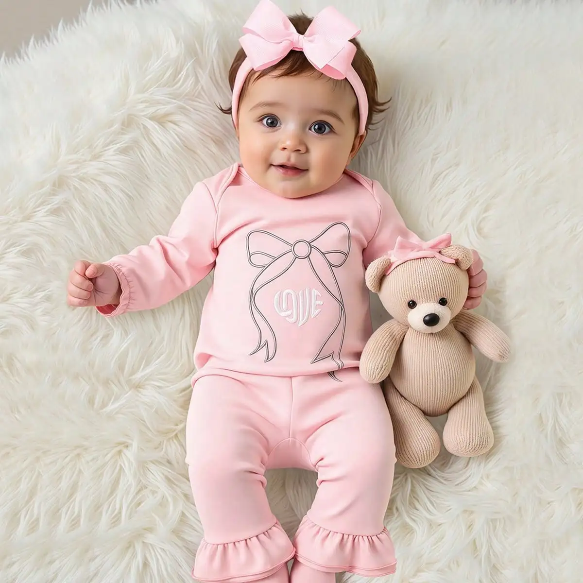 

Ylsteed комплект из 2 предметов «Bowknot LOVE» наряд для фотосъемки новорожденных девочек с вышивкой, подходящий с повязкой на голову с бантом, розовый детский комбинезон с рюшами