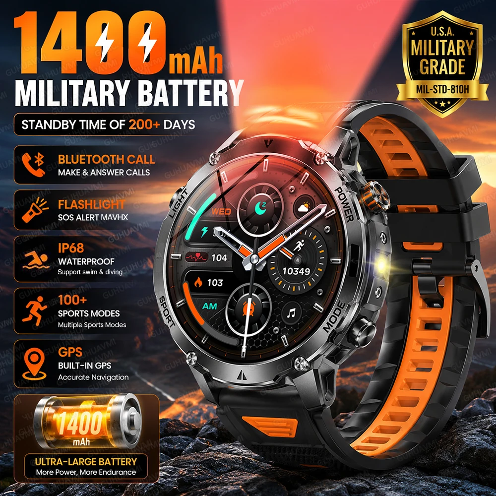 Montre connectée pour hommes, avec grande batterie de 1400mAh, écran AMOLED de 1.7 pouces, 200 jours d'autonomie, étanche, GPS, tactique militaire, SOS, montre de Sport