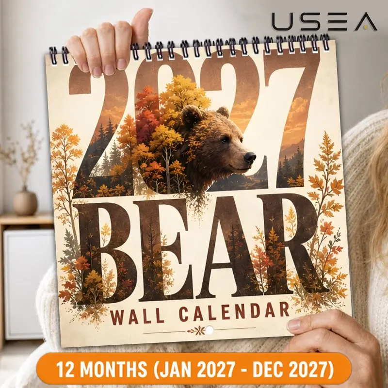 2027 Square Spiral Wall Calendar,US Federal Holidays & Lunar Phases, Bear Forest Autumn Design, Ideal Christmas Gift