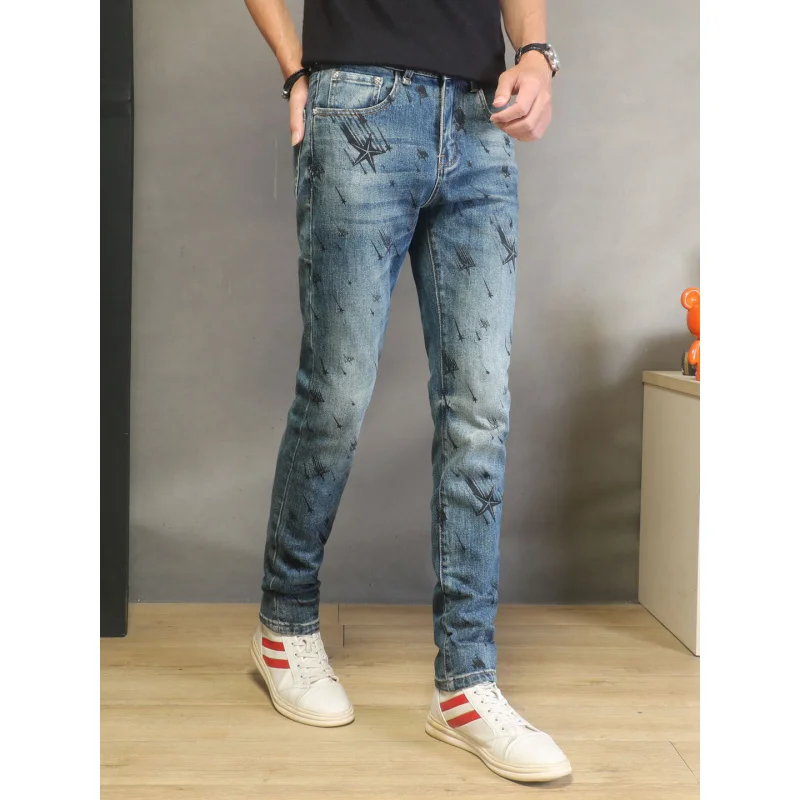 2026 New Arrival Men's Slim Skinny Denim Jeans Fashion Print Stretch Trendy Long Trousers