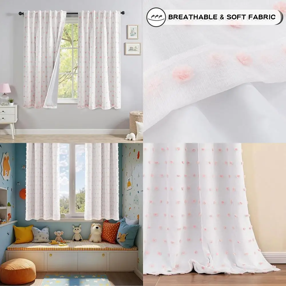 

63, длинные розовые помпоны, 100% затемняющие шторы для комнаты девочек, набор из 2 панелей для небольших окон