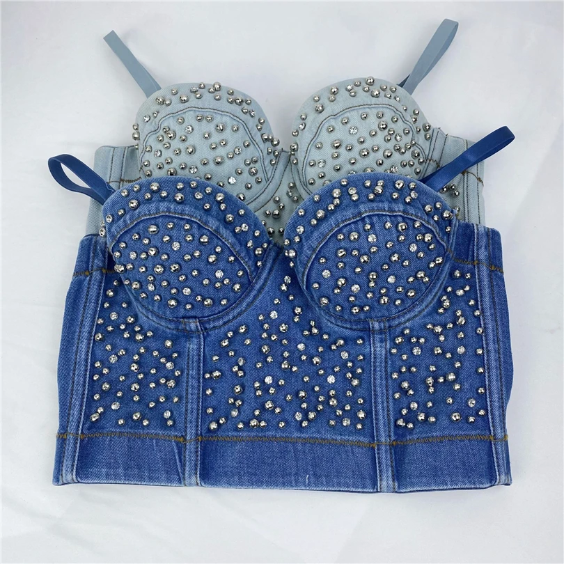 

2023 new arrival camisole fashion luxury diamonds beading cropped tops for women backless sexy denim tanks push up bustier bra