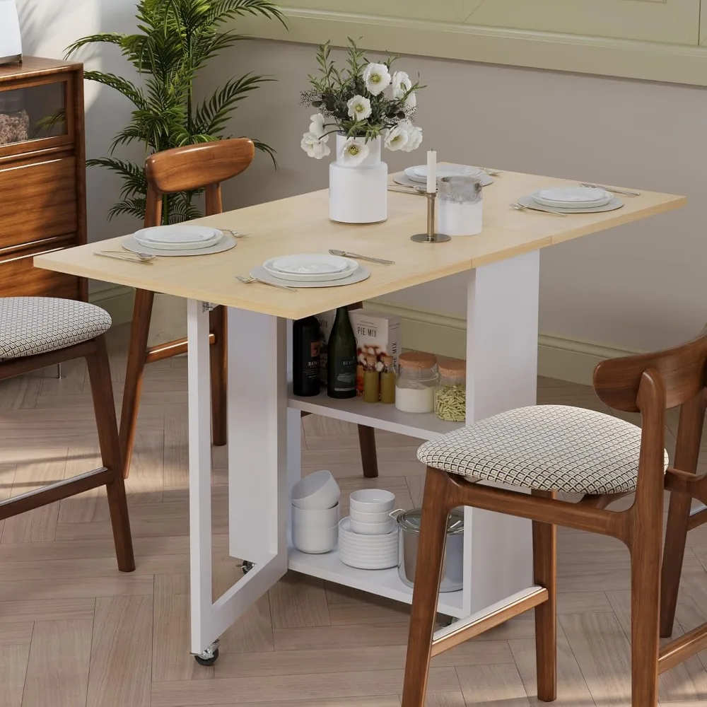 Folding Dining Table with 2 Storage Racks, Space Saving Dining Table with 6 Wheels, Kitchen Table for Small Spaces