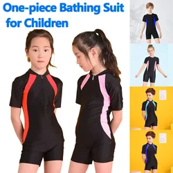 Kids Boys Girls One-piece Swimsuit Zipper Sunscreen Fashion Color Matching Short-sleeved Diving Suit Swimming Pool Swimsuit