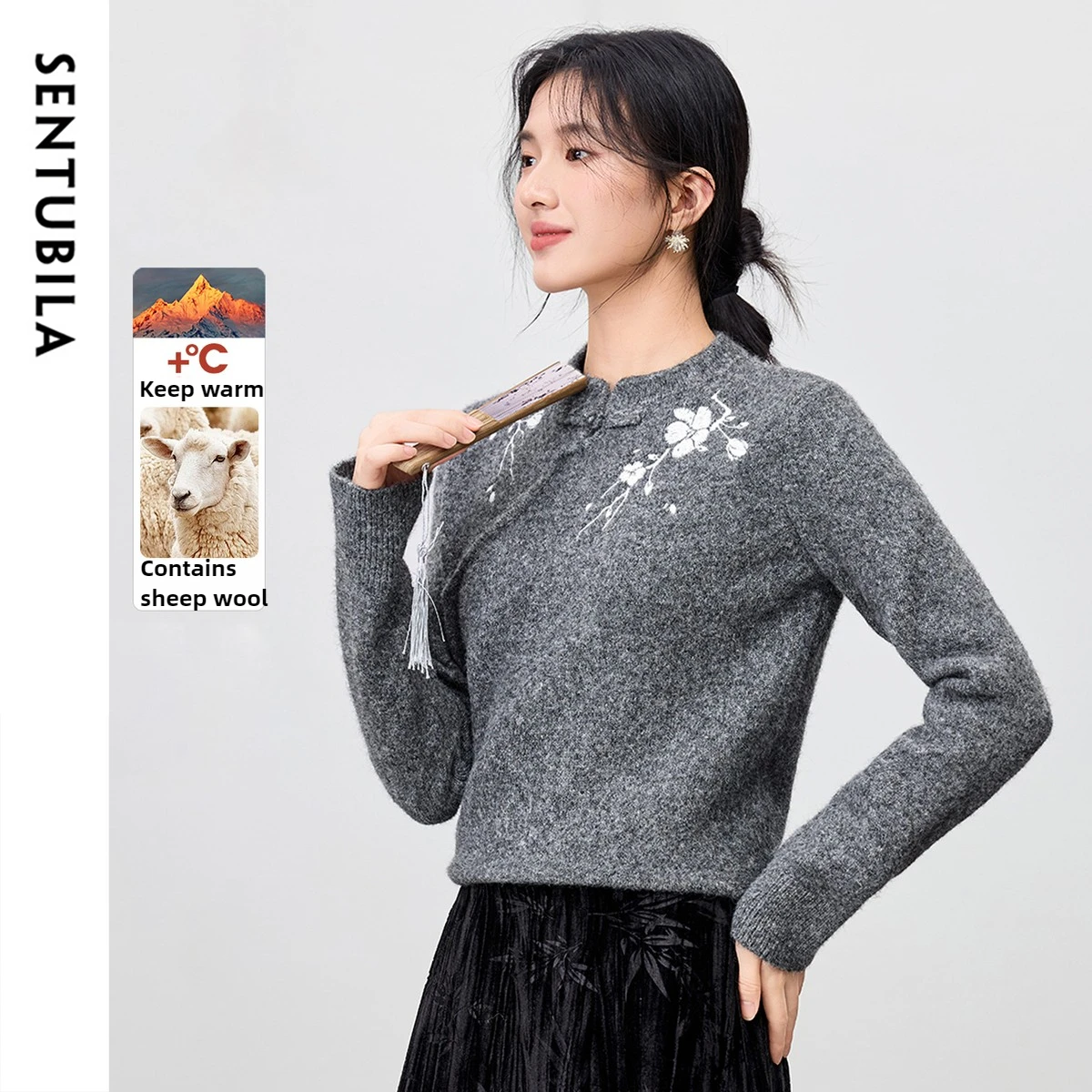 

SENTUBILA Wool Pullover for Women 2025 Autumn Stand Collar Embroidered Plum Blossom Sweater Soft Casual Elegant Top W54EA4232