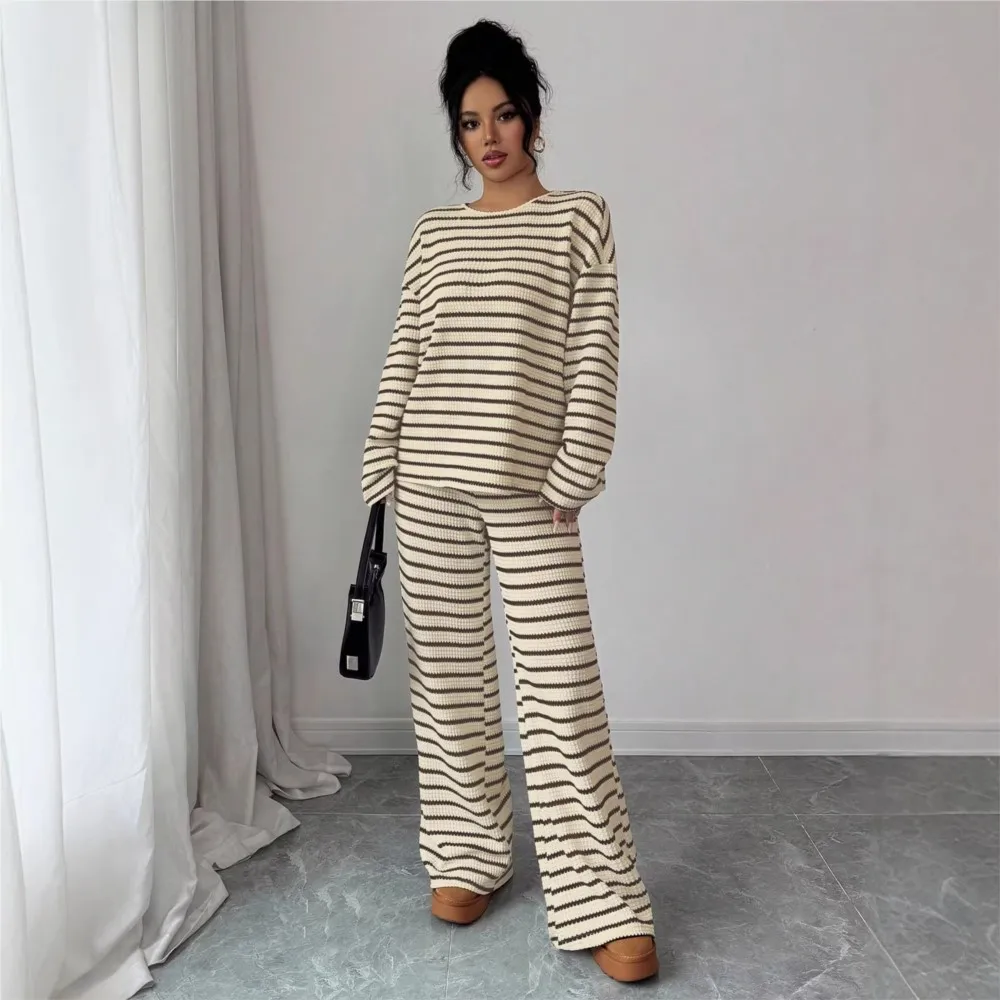 Casual Woman 2 Piece Set Outfit Women's Matching Two Piece Outfits Woman Simple Style All-match Homewear Daily Striped Contrast