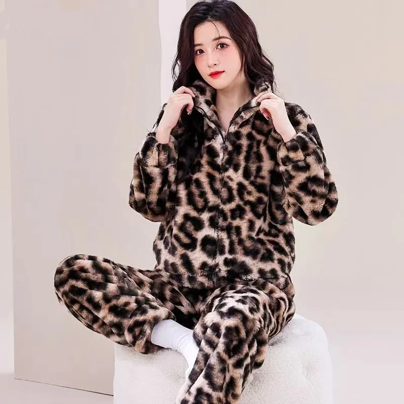 

Autumn Winter Pajama Sets For Women Leopard Print Pyjamas 2 Pieces /Sets Long Sleeve Sleepwear Homewear Casual Pijamas