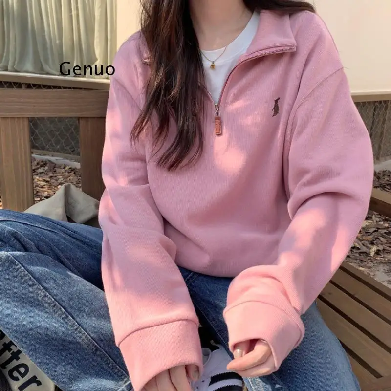 

2022 Autumn New Casual Women Sweatshirt Bunny Embroidered Loose Zip-Up Jumper Female Vintage Long Sleeve Layered Sweater Top