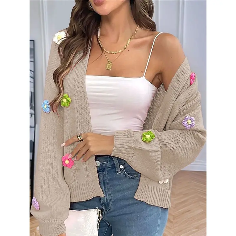 ABDJ-Women's Cropped Cardigan Sweaters Boho Crochet Floral Embroidery Oversized Open Front Knit Sweater Outwear