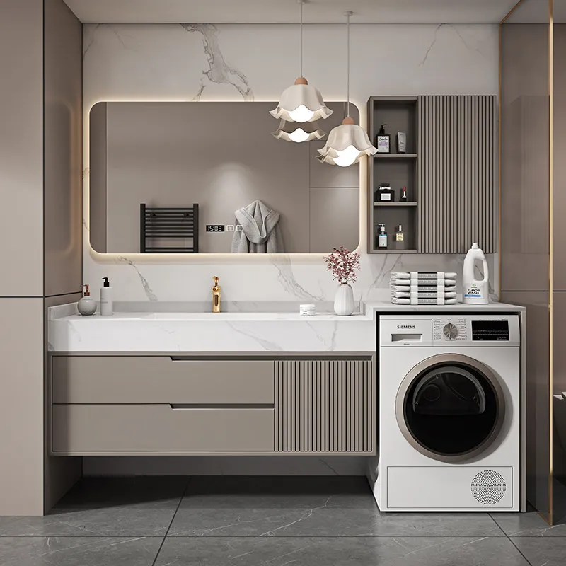 

Bathroom cabinet, solid wood balcony laundry cabinet combination, seamless ceramic washbasin in the bathroom