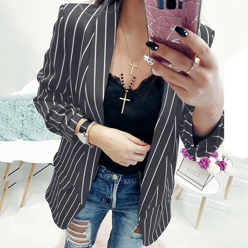 Office Lady 2023 Simple Slim Casual Bussiness Blazer Buttonless Striped Blazer Spring Summer New Fashion Formal Clothes Workwear