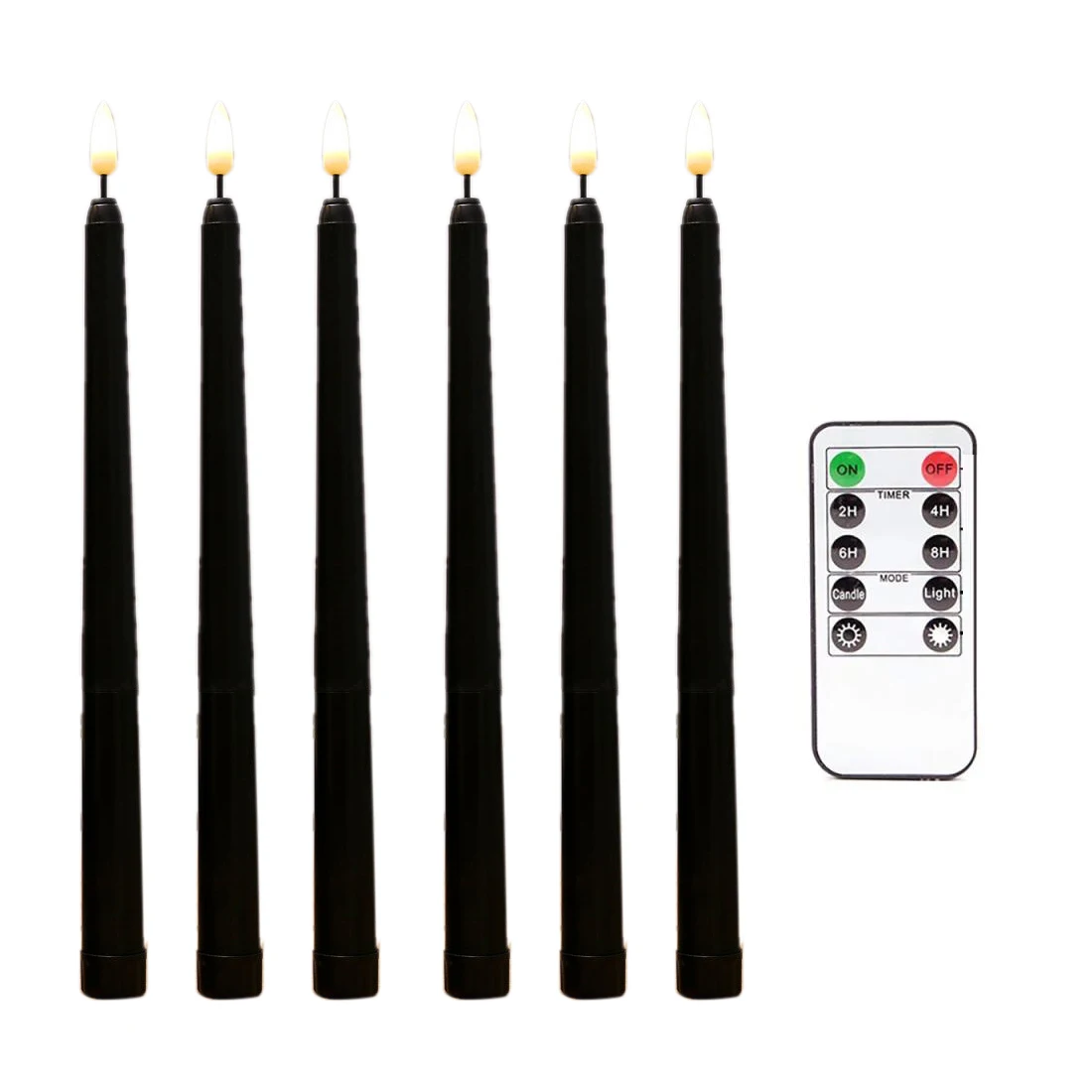 6Pcs Flameless Black Taper Candles Flickering with 10-Key Remote Timer, Battery Operated LED Candlesticks Window